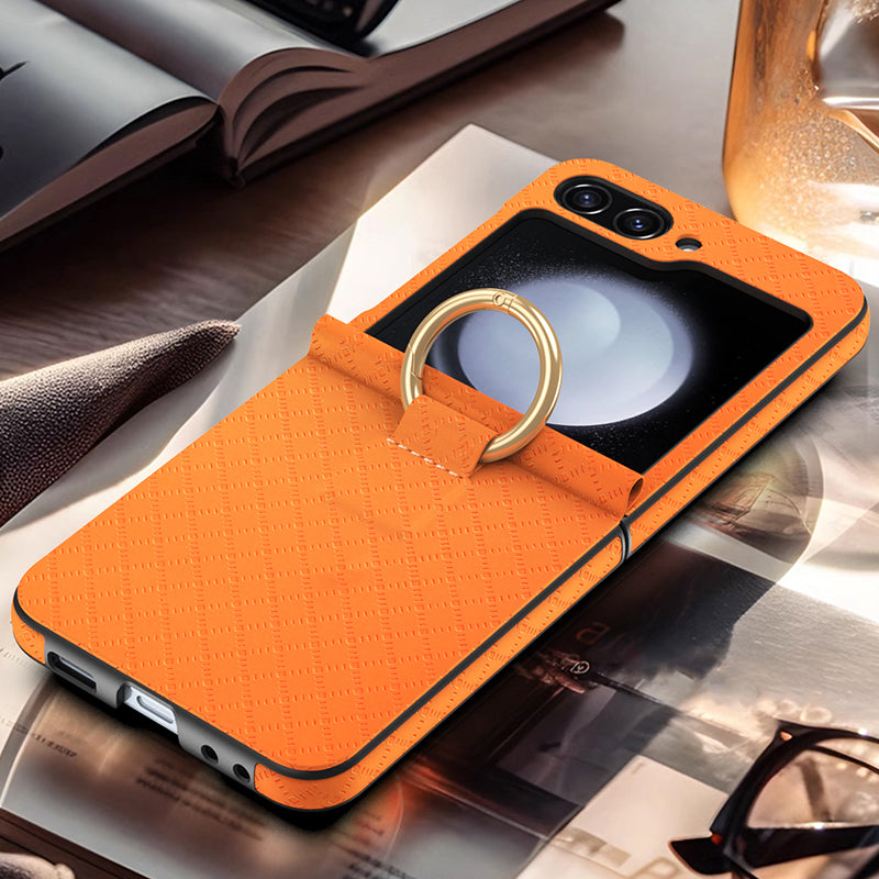 GKK For Samsung Galaxy Z Flip5 5G Hard PC PU Phone Case Grids Imprinted Slim Phone Cover with Ring Finger Holder GKK For Samsung Galaxy Z Flip5 5G Hard PC PU Phone Case Grids Imprinted Slim Phone Cover with Ring Finger Holder